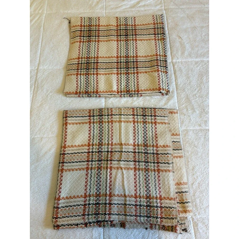 Vintage Woven Remnants Fabric Orange Yellow Green Brown Plaid MCM 2 Pieces